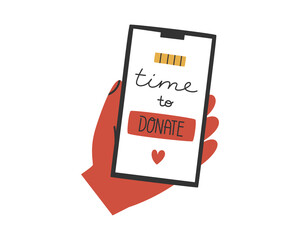  Hand drawn cute illustration of hand with phone and donate button. Flat vector online giving money to charity in simple colored doodle style. Philanthropy, volunteer sticker, icon or print. Isolated.