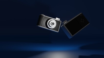 Appareils photo numériques compact sur fond bleu isolés
