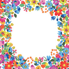 Vector floral frame. Bright summer flowers arrange in border on white background.