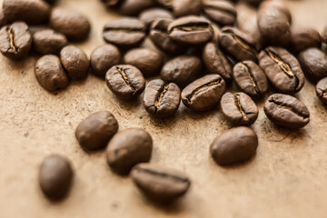 Falling Roasted Coffee Beans, Macro Shot, close-up.