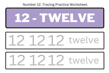 Fototapeta premium Numbers 12. Tracing Worksheet for kids. Preschool worksheet, practicing motor skills - tracing dashed lines. 