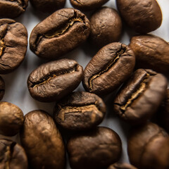 Falling Roasted Coffee Beans, Macro Shot, close-up.