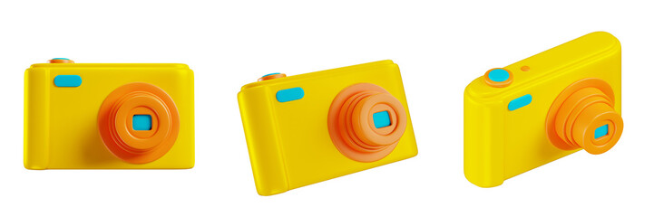 Camera 3D icon set multiple views, Multiple angles of camera 3D element on transparent background, 3D illustration Travel elements