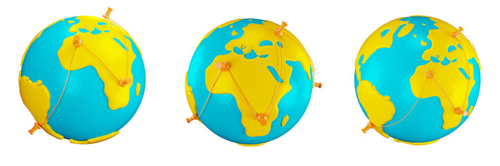 Globe 3D icon set multiple views, Multiple angles of Globe 3D element on transparent background, 3D illustration Travel elements