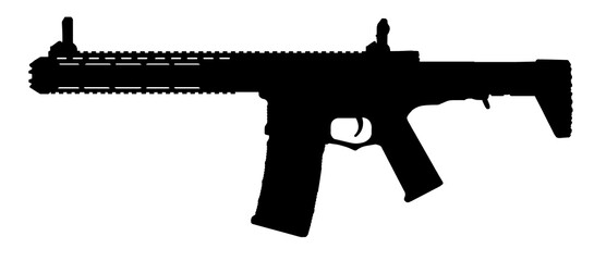 Silhouette image of ar assault rifle weapon with dot sign and front grip attachments isolated on...