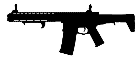 Silhouette image of ar assault rifle weapon with dot sign and front grip attachments isolated on...