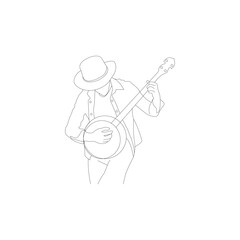 Modern line art of man in hat playing musical instrument.