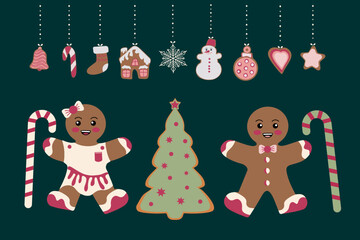 A Merry Christmas card. Gingerbread cookies in the form of a snowman, a Christmas tree and gingerbread men and various Christmas tree toys. Celebrating New Year and Christmas.