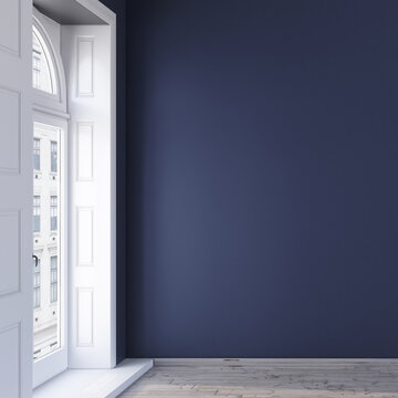 3d Navy Blue Wall Mockup Design In An Empty Room With Wooden Floor And Window.