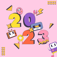 happy new year 2023 logo RETRO STYLE groovy design
