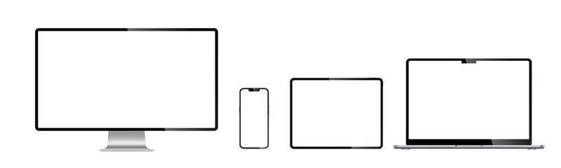 A PNG set of isolated smart devices with blank screen: smartphone, tablet, laptop and desktop. Stock royalty free illustration