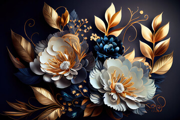 Abstract white blue and gold flowers ornament.  
Digitally generated AI image