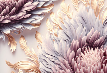 Fototapeta na wymiar Luxury abstract chrysanthenum in pale pink, light mauve and gold. Feathers and blossoms for a magnificent background, beautiful lavish flowers, card illustration, generative ai