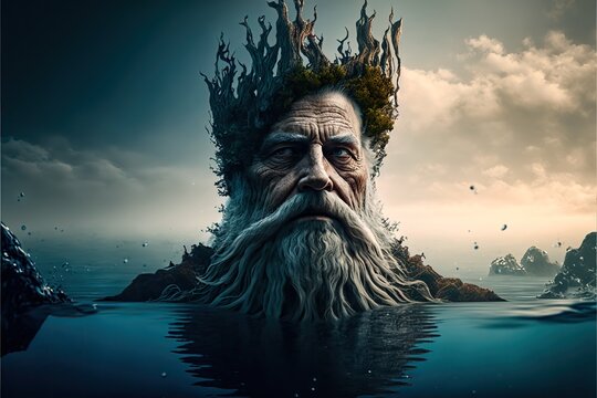 Generative AI digital art of an stoic old king of the sea, fictional model, no model release, illustration