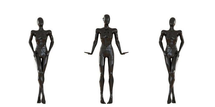 Three glossy female black mannequins. Faceless female mannequin. Abstract female mannequin. Front view. 3d rendering.