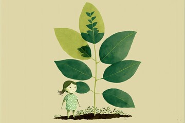 Drawing of a child next to a massive plant of Spring leaves - AI Generative Art