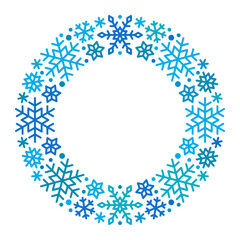 Round frame made of blue snowflakes on white background. Decorative element for Christmas and New Year design. Vector illustration