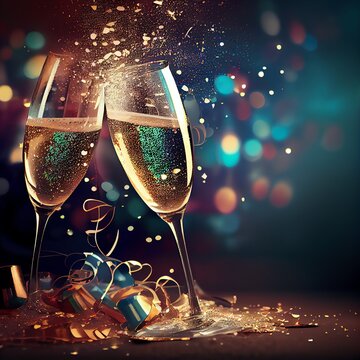 New Years' Eve Celebration Background with Champagne and Confetti. Generative AI