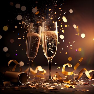 New Years' Eve Celebration Background with Champagne and Confetti. Generative AI