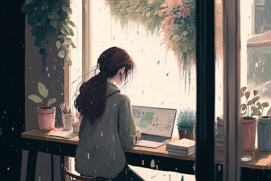 Anime girl working at her desk. Cute drawing of a young woman sitting at her computer. Working from home, listening to lofi music. Cartoon character at her workplace. Chill beautiful relax interior