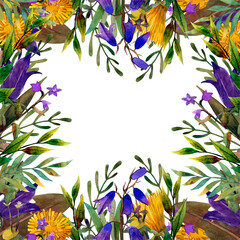 Fototapeta na wymiar Watercolor square frame, frame for invitations and holiday season. Bright wildflowers, herbs, leaves, and plants on a light background. Palette of purple, green, and soft green colors.