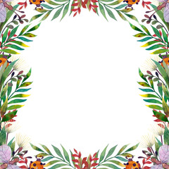 Fototapeta na wymiar Watercolor square frame, frame for invitations and holiday season. Wildflowers, herbs, leaves, butterflies, and ladybugs on a light background. A discreet palette of purples, greens, and soft greens.