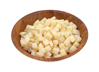 Bowl of diced canned potatoes on a white background.