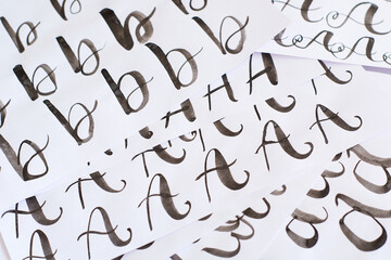 Several white sheets with calligraphic exercises. Calligraphy practice.