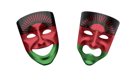 Theater 3d masks in colors of national flag on white background. Malawi