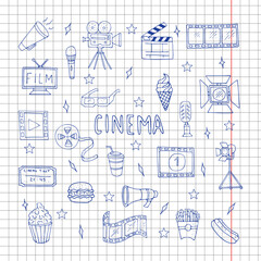 Hand drawn set of movie related icons such as video camera, microphone, and more. Vector illustration, doodle style.
