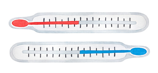 Watercolour illustration set of two thermometers in blue and red colours: hot and cold temperature signs. Hand drawn watercolor graphic sketch on white background, cut out clipart element for design.