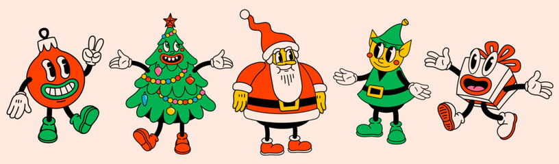 Merry Christmas and Happy New year pack of trendy retro cartoon characters. Groovy hippie Christmas stickers with Santa Claus, Christmas tree, Elf, gift and ball. Vector Cartoon characters and © ✦ Bizarre Factory ✦