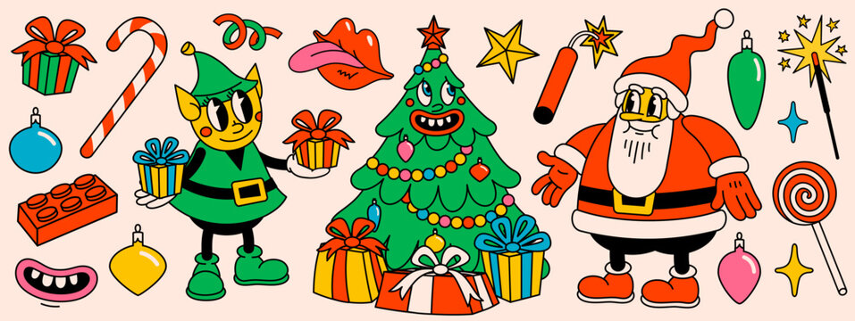 Naklejka Merry Christmas and Happy New year pack of trendy retro cartoon characters. Groovy hippie Christmas stickers with Santa Claus, Christmas tree, Elf and winter objects. Vector Cartoon characters and