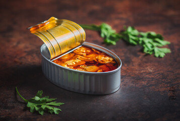 Canned scallops with sauce open on a dark brown table with parsley. Ready for eat. 