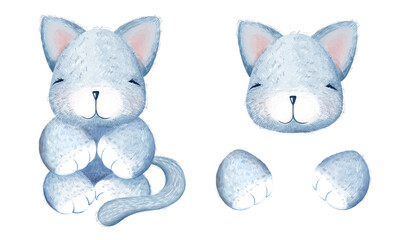 4 isolated images. Cute plush fluffy baby cat or kitty in full growth of grey-blue color, head and paws separately. Cartoon child character. Digital illustration in the watercolor style.Greeting card.