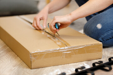 Delivery of a parcel or purchased goods to the final consumer, open a cardboard parcel.