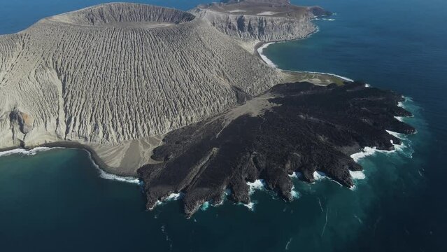 Aerial view of the volcano crater on Isla san Benedicto, a volcanic island in the Pacific Ocean, Colima, Mexico.