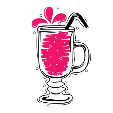 Glass with fresh juice. Summer drink.  Hand drawn vector elements of smoothies, lemonade, detox and fruits juice in sketch style