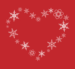 ハートの形に並んでいる雪の結晶のフレーム（赤の背景に白い雪）