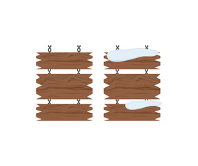 Wooden signs, wooden signboards logo design. Natural texture. Signs with place for your messages. Wood old planks summer and winter signboard covered with snow and ice vector design and illustration.

