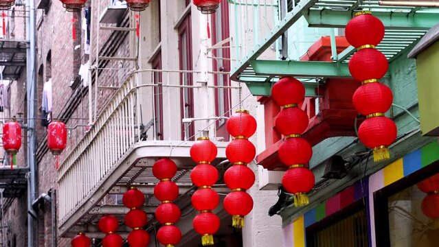 Oriental Lanterns in the breeze. High quality 4k footage shot in Chinatown in San Francisco