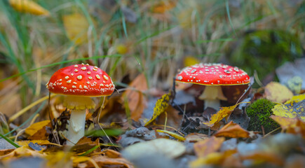 closeup red fly agaric mushroom in forest, natural autumn forest background