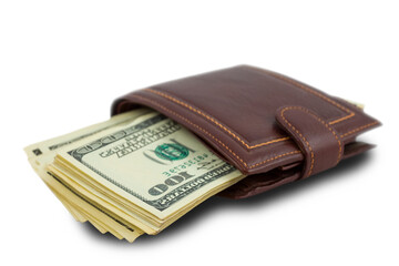 leather  purse full of paper dollar isolated on white background