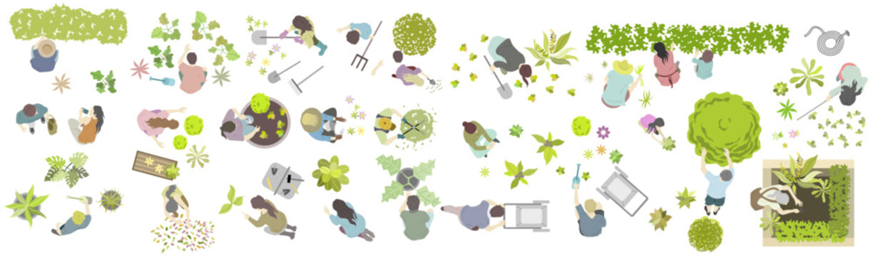 Vector illustration of top view people enjoying gardening and farming gives best results for architectural design