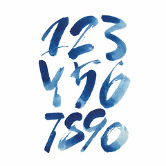 set of calligraphic blue watercolor or ink numbers. ABC for your design, brush lettering on a white background