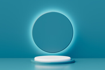 futuristic 3D blue background with realistic cylinder pedestal podium, Circles ring glowing neon light. Abstract minimal wall scene mockup product display. Stage showcase. 3d rendering