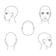 Isolated vector black and white female heads in different projections. Face and hair growth line