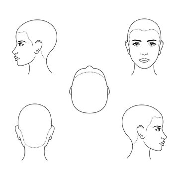Isolated vector black and white female heads in different projections. Face and hair growth line