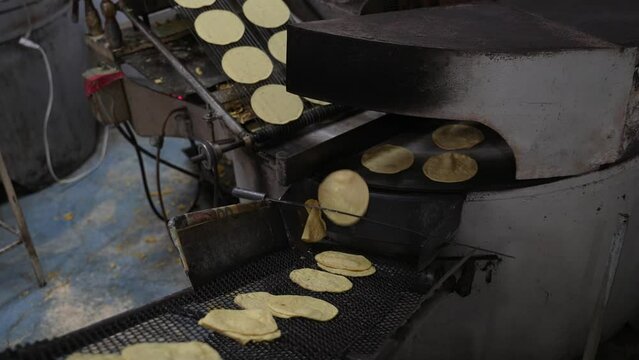 Wide view showing uncooked tortillas coming down a conveyor belt as are freshly cooked ones come out of the oven and go on another conveyor belt.