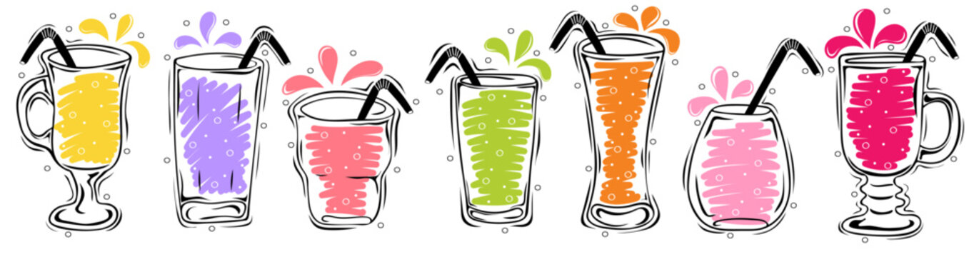 Set of non alcoholic drinks in glass. Healthy food or Detox concept.  Hand drawn vector elements of smoothies, lemonade, fresh, juice, detox and fruits in sketch style